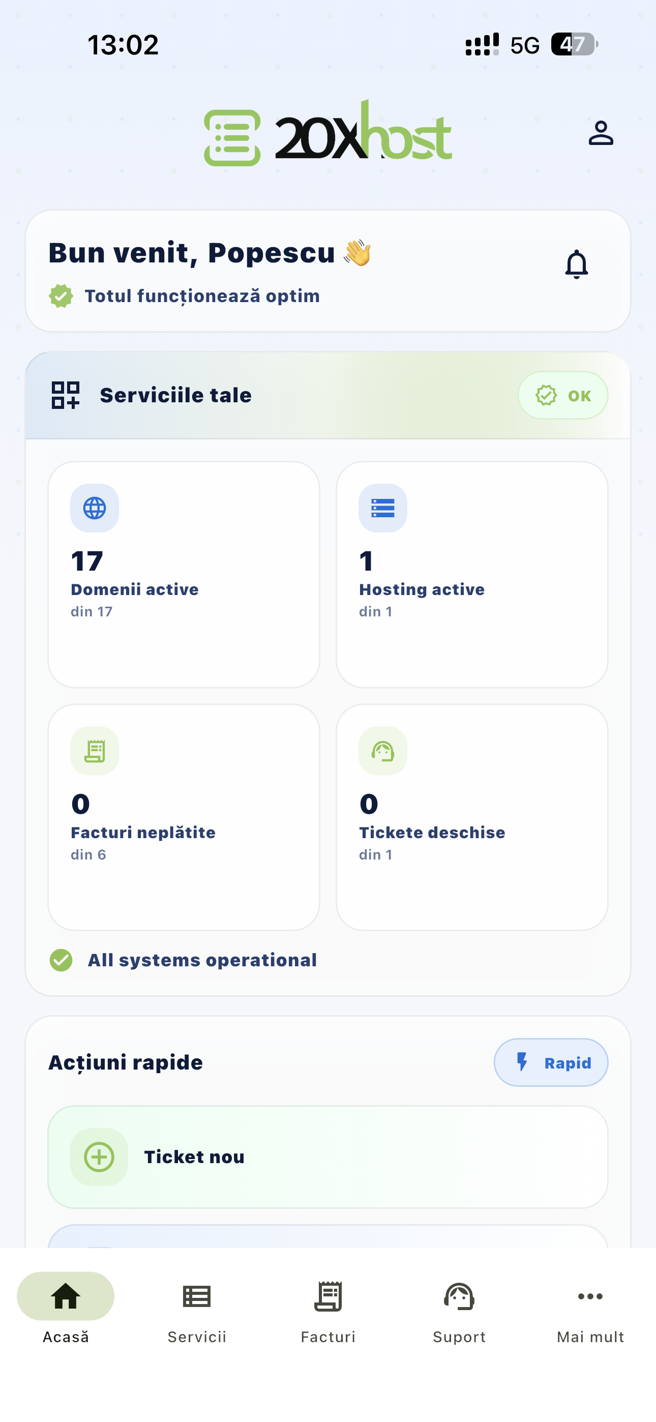 Dashboard aplicatie mobila 20xhost – gestionare servicii hosting