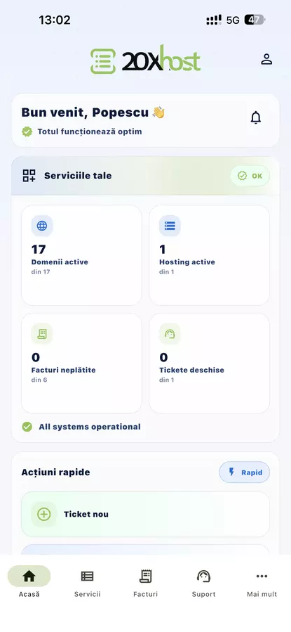 Dashboard aplicatie mobila 20xhost – gestionare servicii hosting