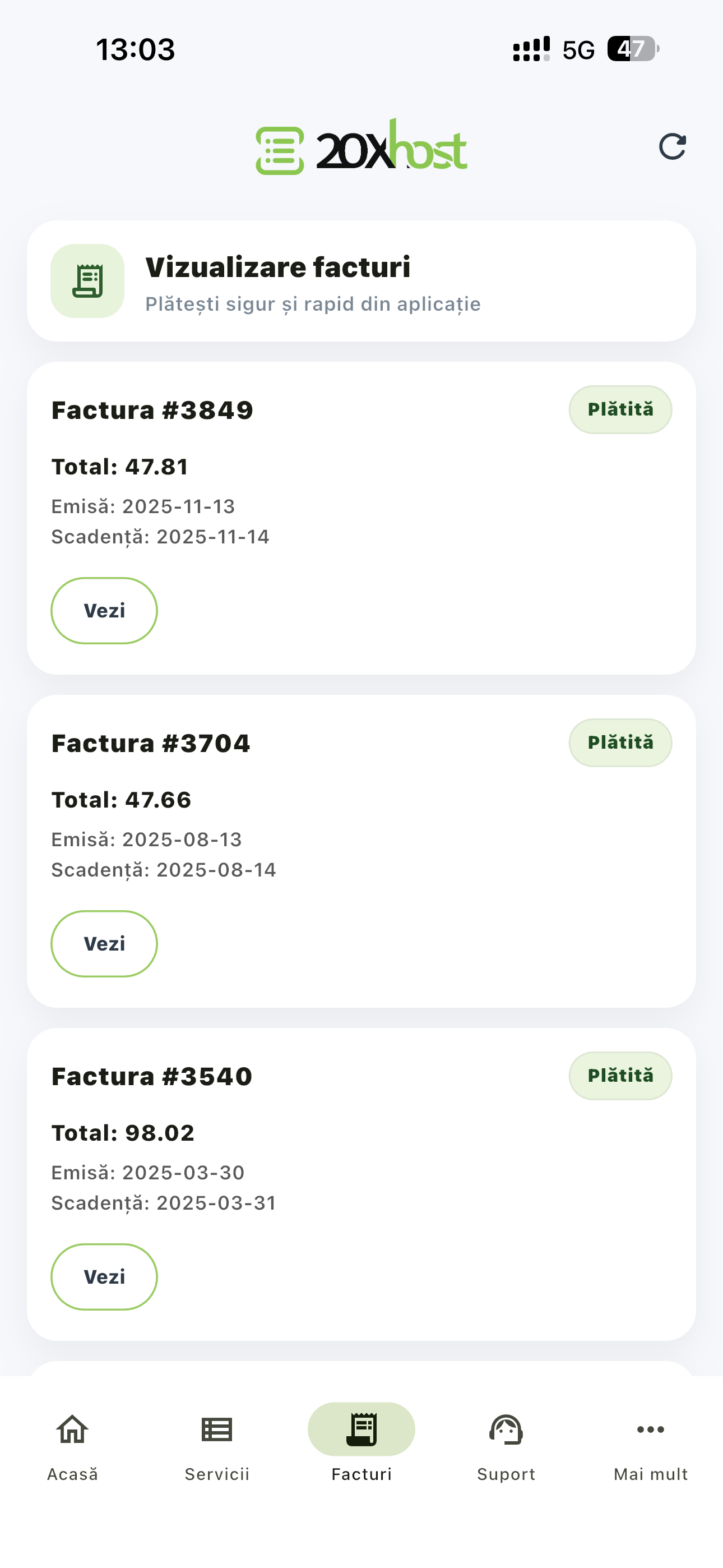 Facturi online aplicatie mobila 20xhost – plati si abonamente