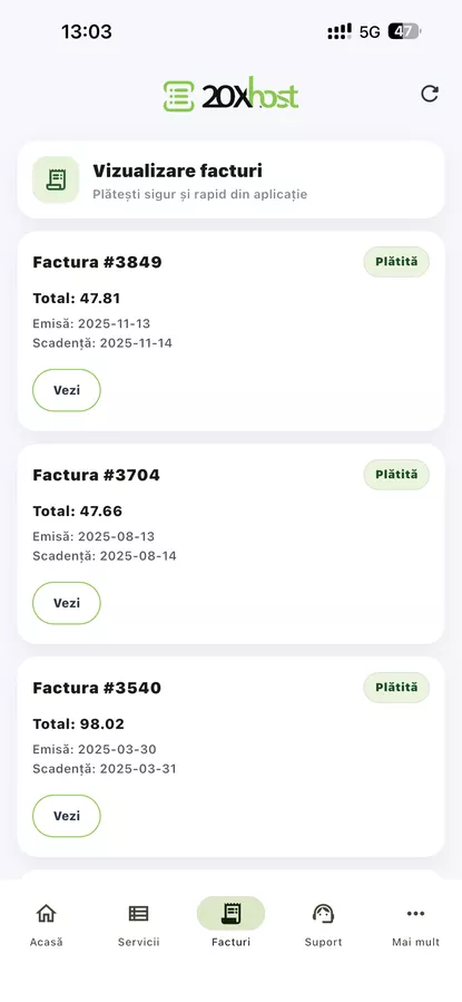 Facturi online aplicatie mobila 20xhost – plati si abonamente
