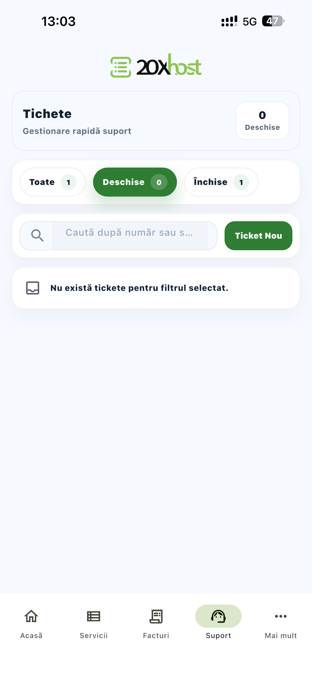 Tickete suport tehnic aplicatie mobila 20xhost