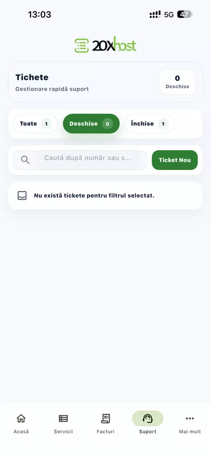 Tickete suport tehnic aplicatie mobila 20xhost