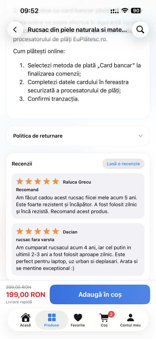 Aplicatie mobila ecommerce – recenzii si rating produse
