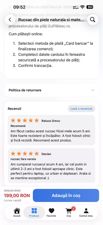 Aplicatie mobila ecommerce – recenzii si rating produse